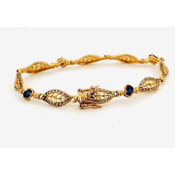 Estate 925 Gold Vermeil Blue Sapphire Tennis Bracelet 7” Two-Tone 8.4g - Picture 3 of 9